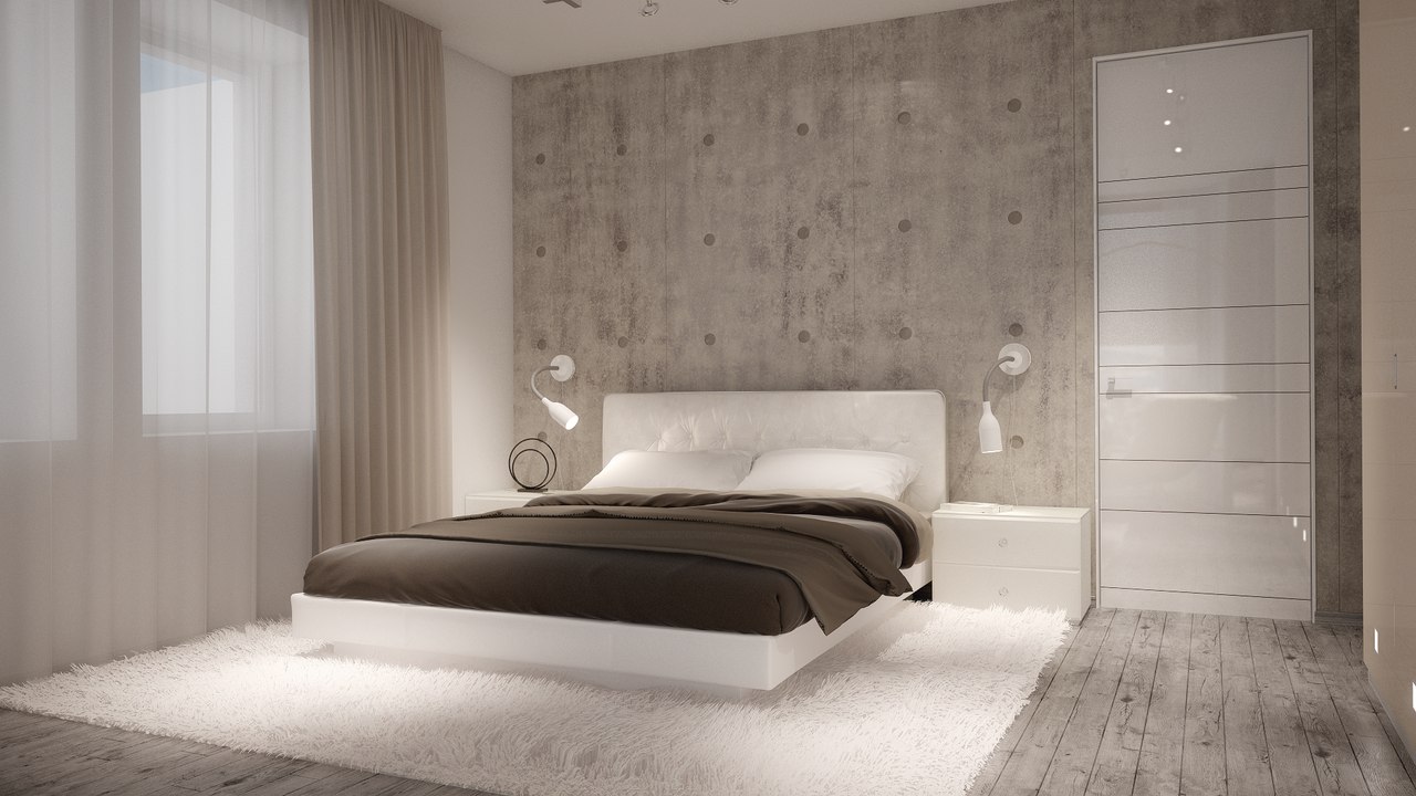 Серый, белый и коричневый цвета в спальне