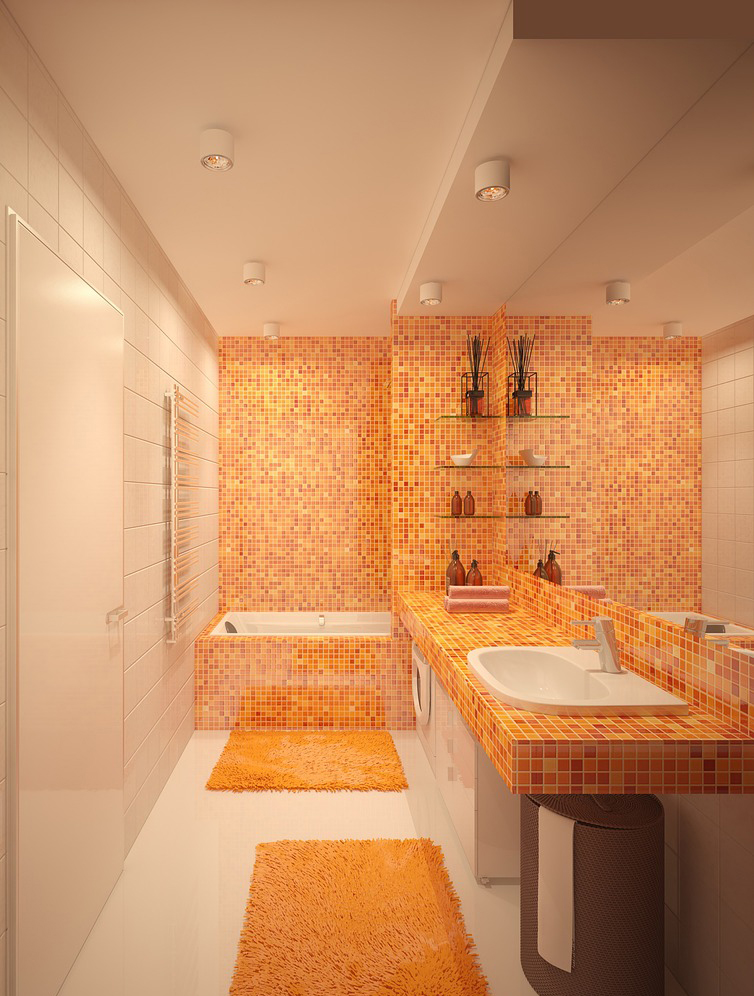 Оранжевая мозаика и коврики в ванной