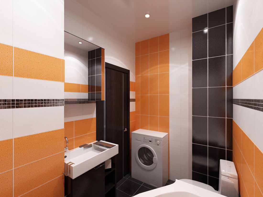 Оранжевый, черный и белый цвета в интерьере маленькой ванной