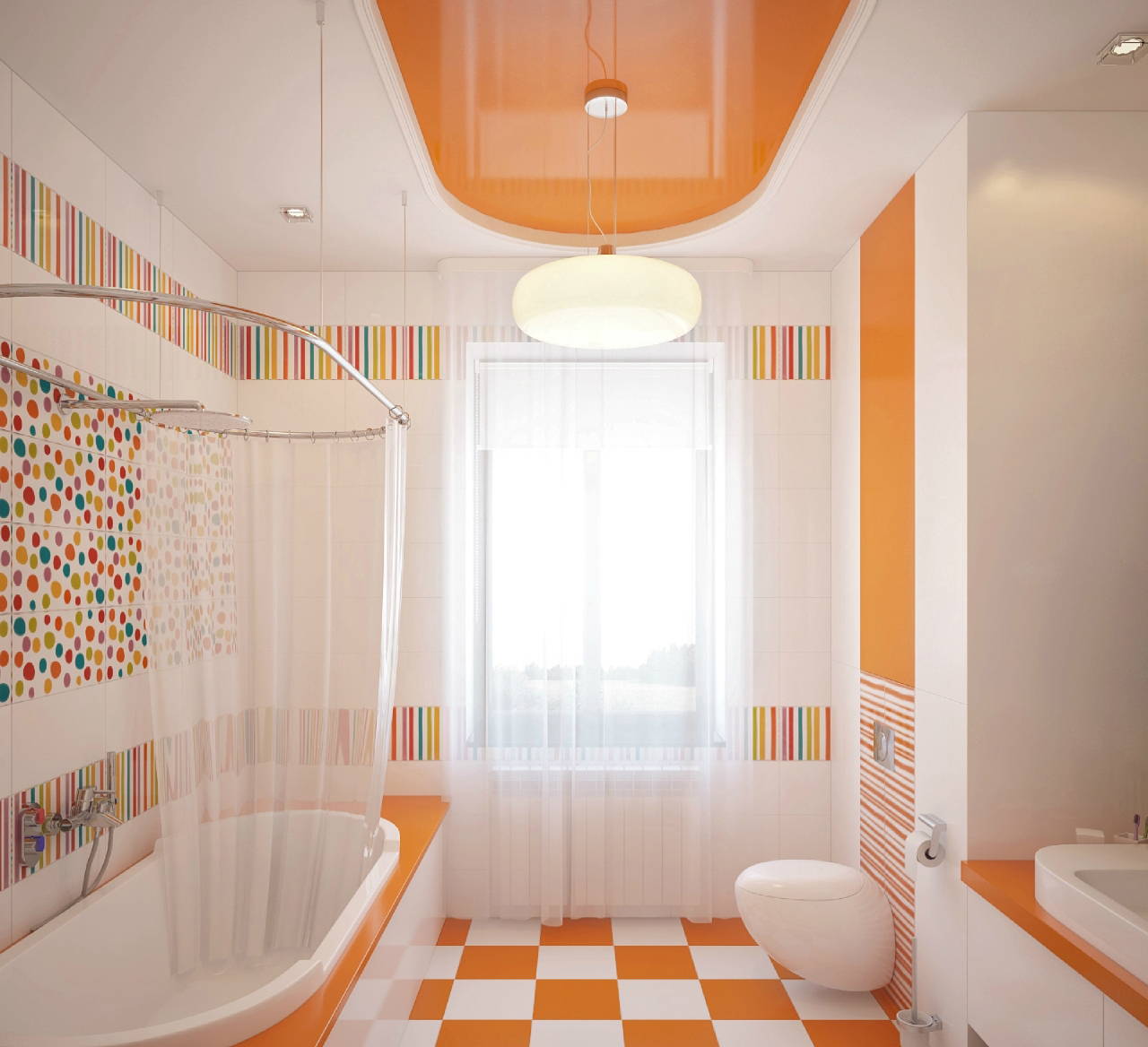 Разноцветные акценты в бело-оранжевой ванной