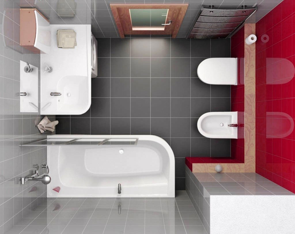 Планировка черно-белой ванной с красной стеной