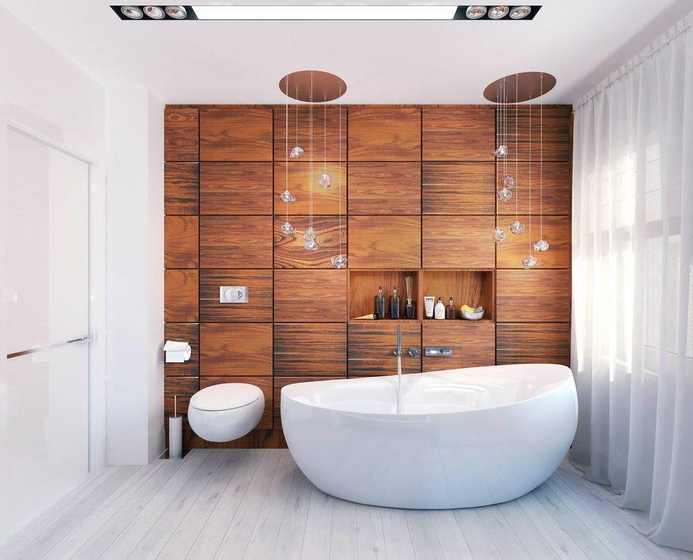 Деревянные панели в дизайне белой ванной