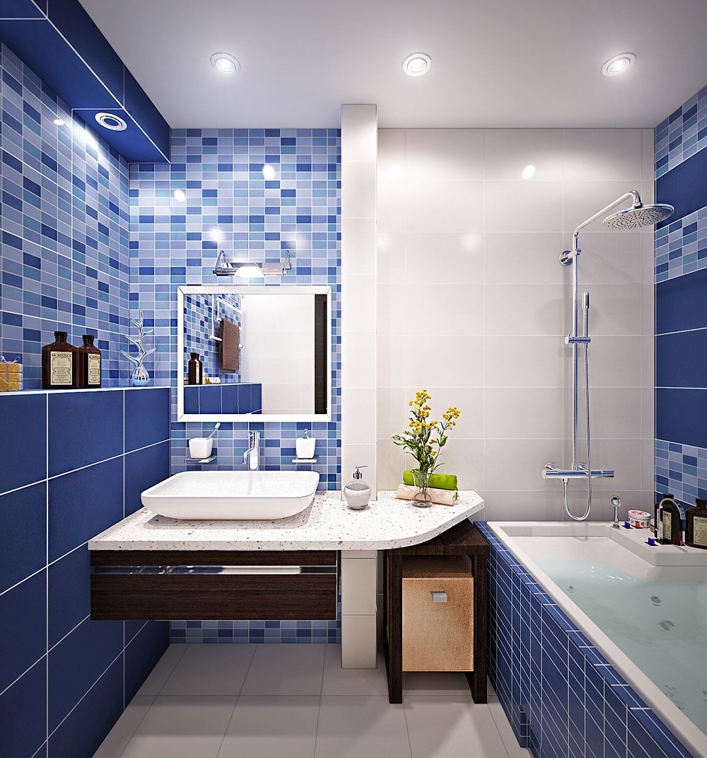 Синяя и белая плитка в ванной