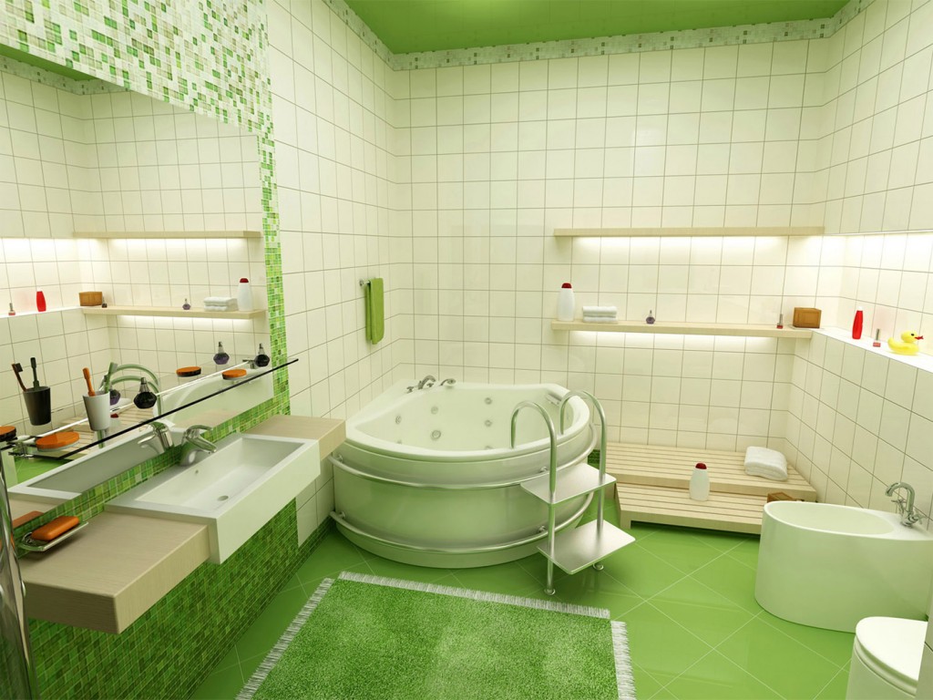 Просторная бело-зеленая ванная комната
