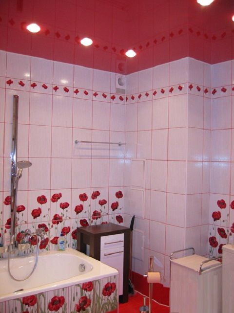 Все элементы в ванной комнате выдержаны в одном красно-белом стиле