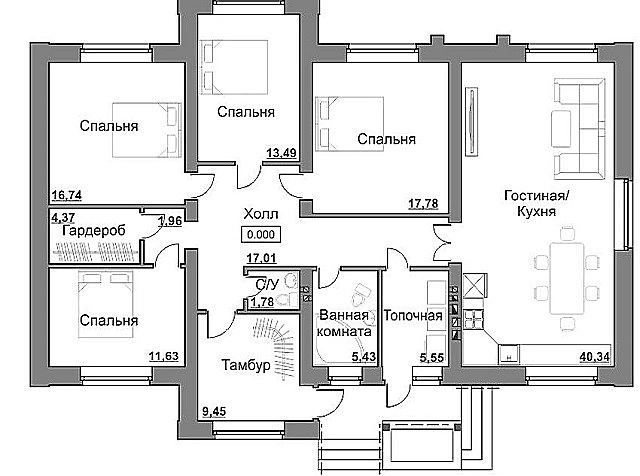 План одноэтажного дома с раздельными спальнями. Проходными в данном случае является тамбур и холл. Общая площадь этого строения 150 м².