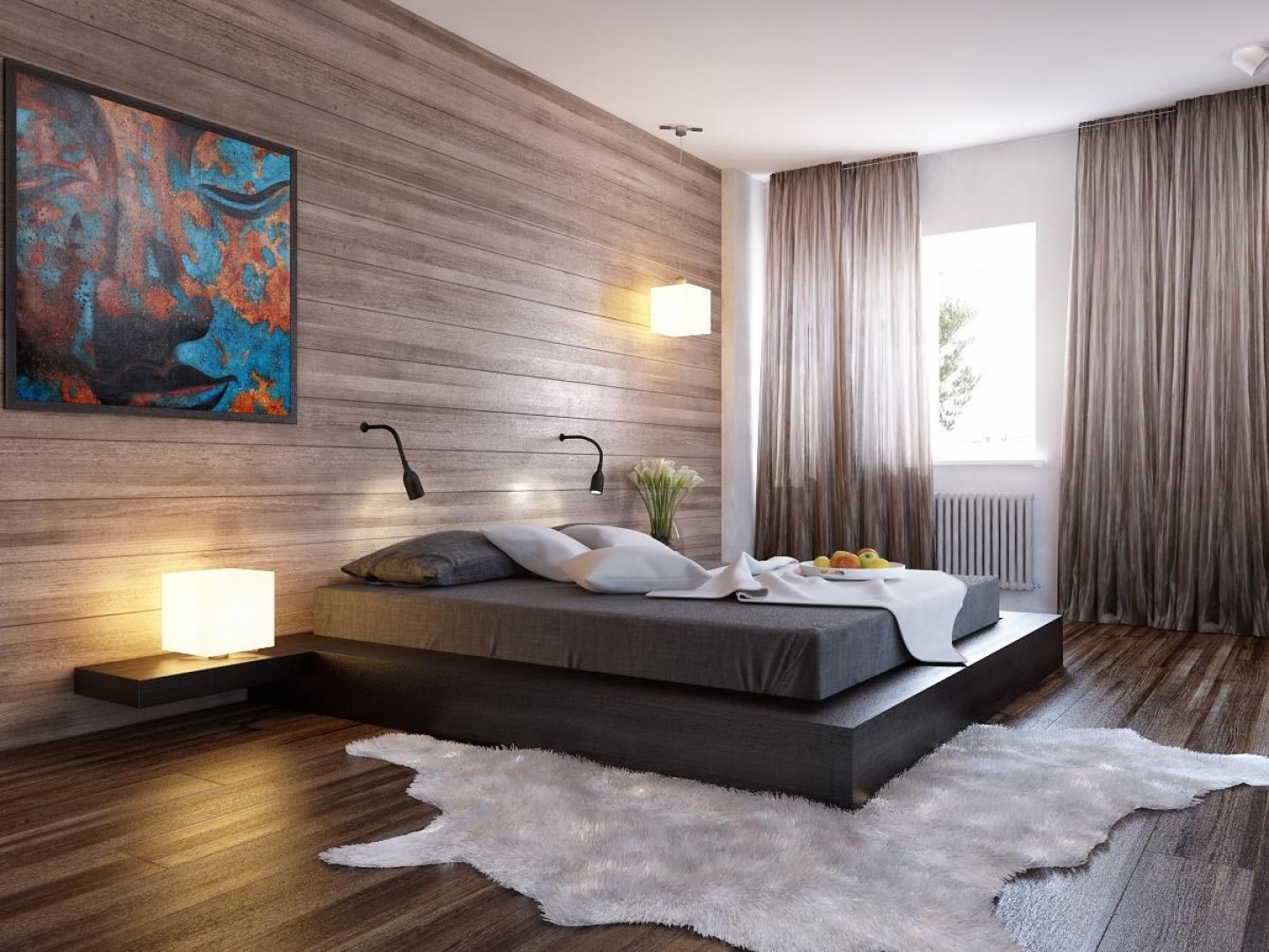 Отделка стен деревянными панелями делает спальню модерновой и стильной