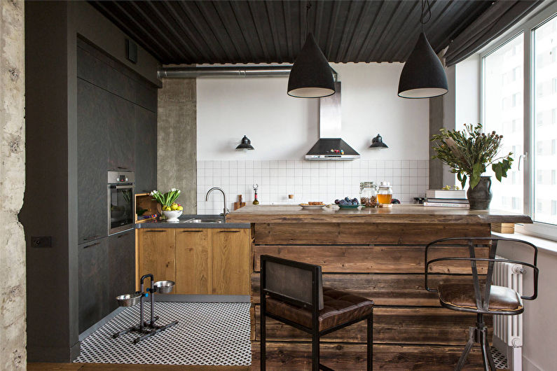 Деревянная кухня в стиле лофт - фото