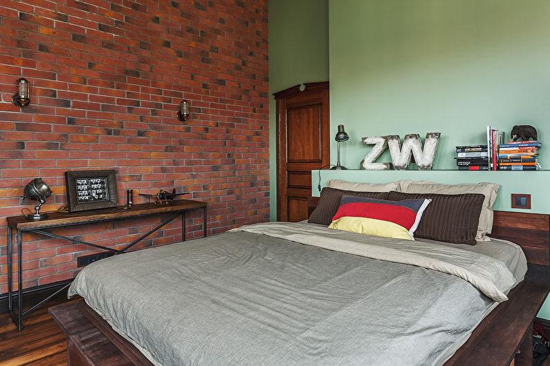 Зеленая спальня в стиле лофт - Дизайн интерьера