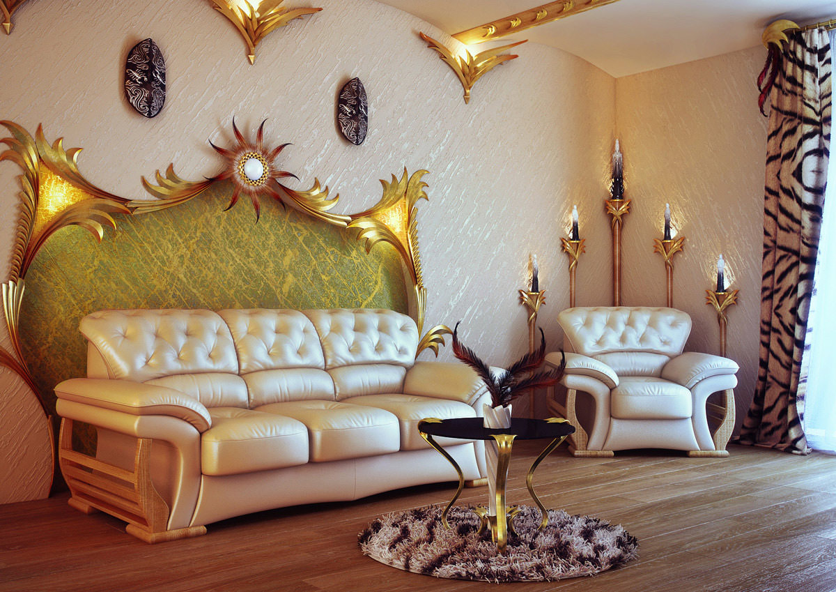 Золотистые предметы декора в гостиной стиля модерн