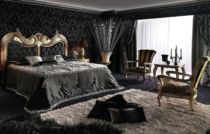 Светлый ковер в спальне готического стиля