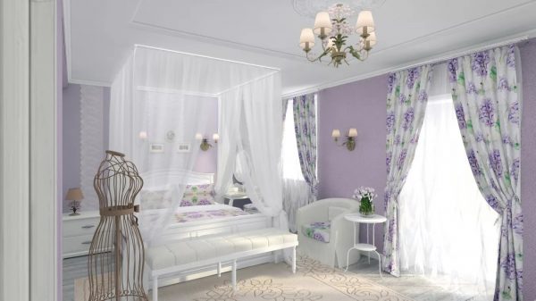 белоснежная хлопковая вуаль с изображением лаванды способна придать спальне теплоты и наполнить ее ароматом цветов.