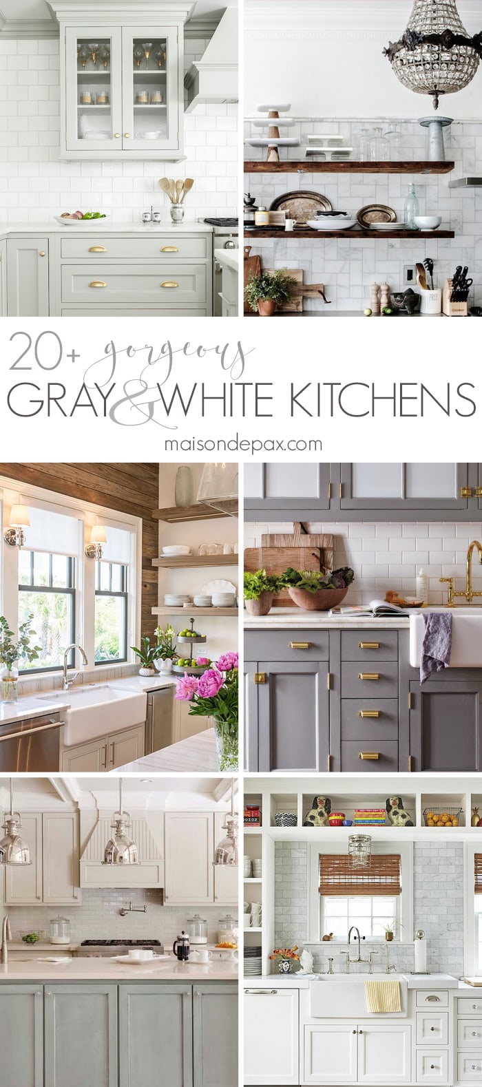 So many stunning gray and white kitchens! Including marble countertops and backsplashes, subway tiles, open shelving, farmhouse sinks, two tone cabinets, and more. Kitchen design inspiration 