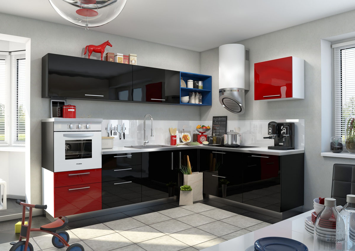 Черно-белая глянцевая кухня с яркими красными и синими акцентами