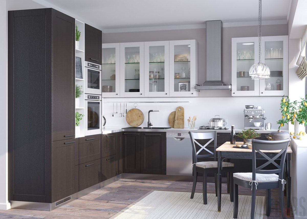Кухонный гарнитур с контрастными светлыми и темными фасадами