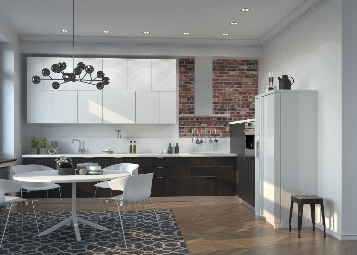 Две зоны освещения в кухне с контрастным фасадом