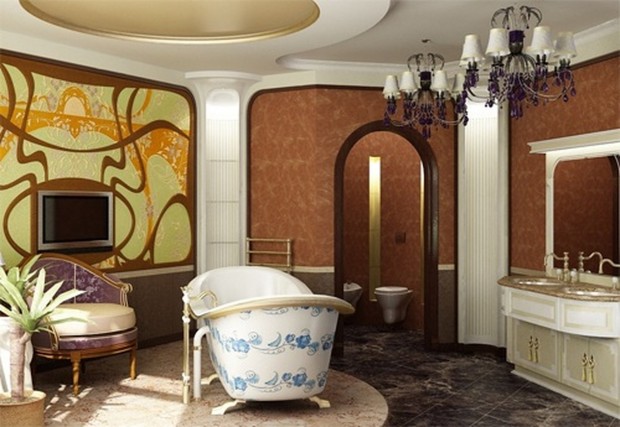 Ванная комната в стиле модерн, с расписной ванной