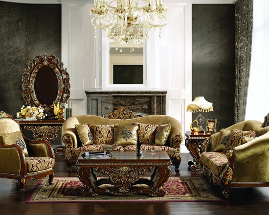 оливковая мебель с резными ножками смотрится уместно в классическом интерьере